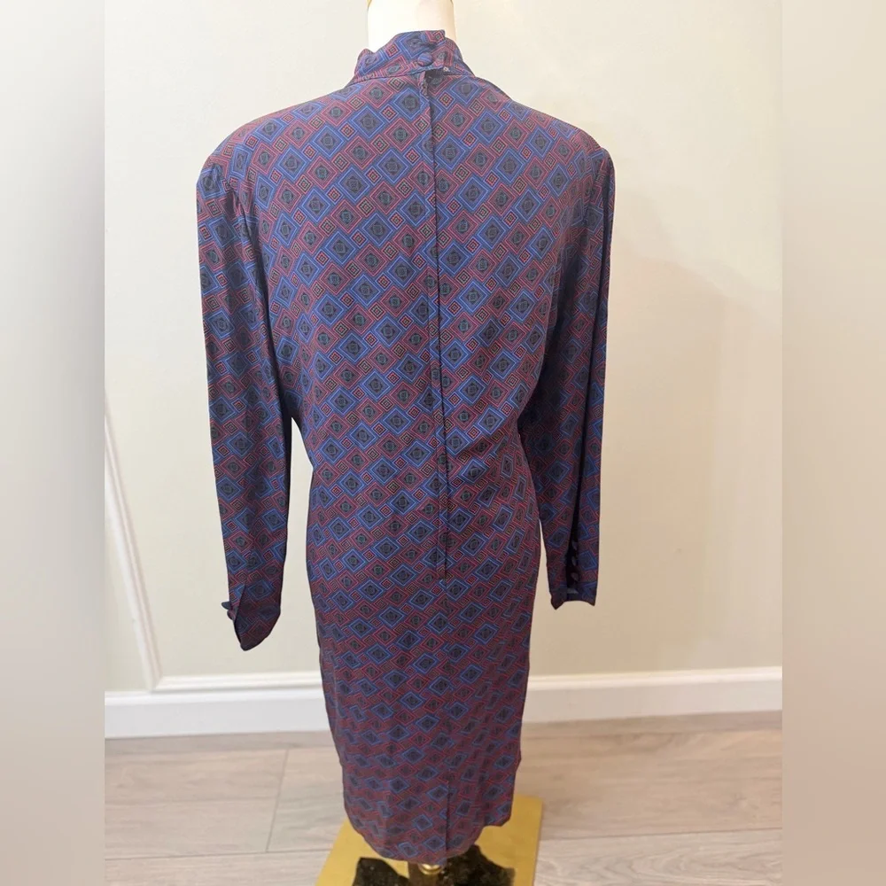 Talbots Navy and Burgundy Geometric Mock Neck Midi Dress